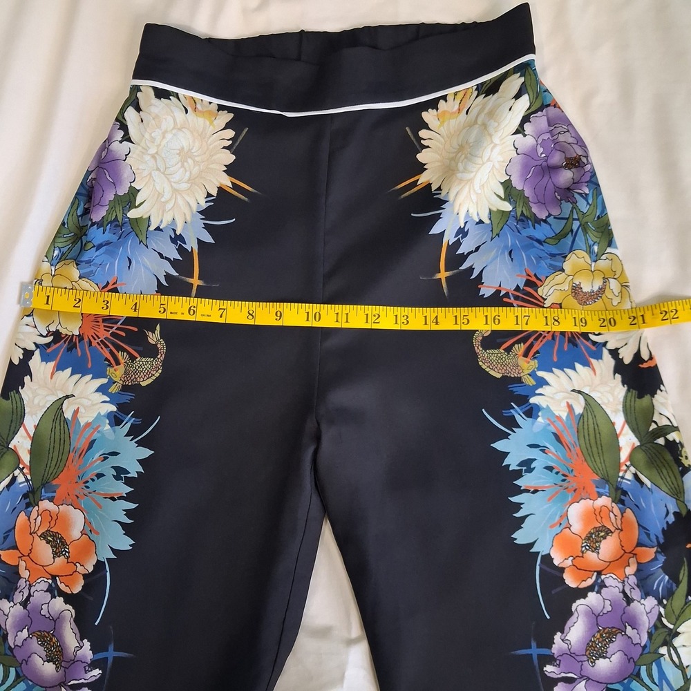Biba Floral Koi Fish Print Wide Leg Pants Black High Elasic Waist Size 12 - Picture 7 of 14